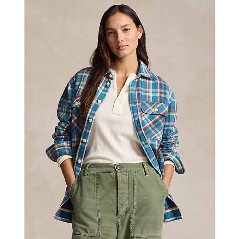NWT Polo Ralph Lauren Women's Large Blue Plaid Cotton Twill Workshirt Casual